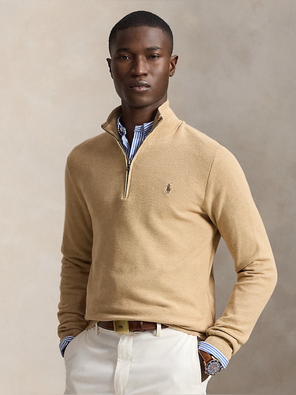 Polo Ralph Lauren Mesh Knit Cotton Quarter Zip Sweater Camel Melange Size S